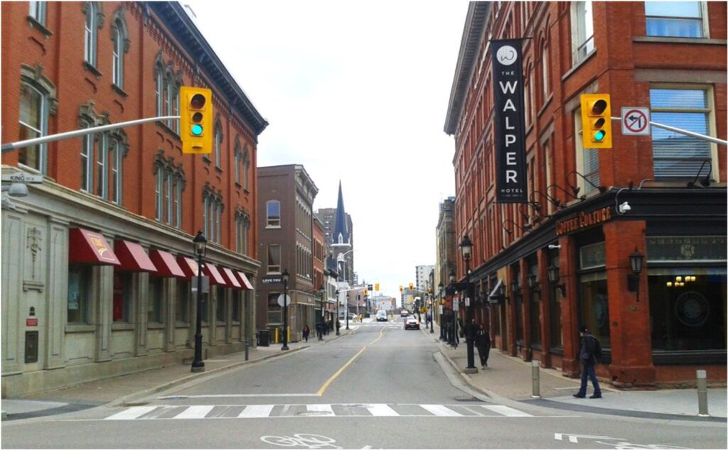 A view of Queen Street South from King Street looking towards Charles Street. The Walper Hotel is a red brick building on the right.